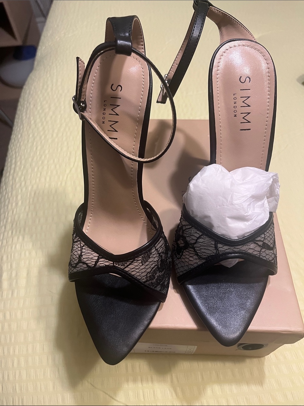 SIMMI London Black Lace Pointed-Toe Ankle-Strap Heels